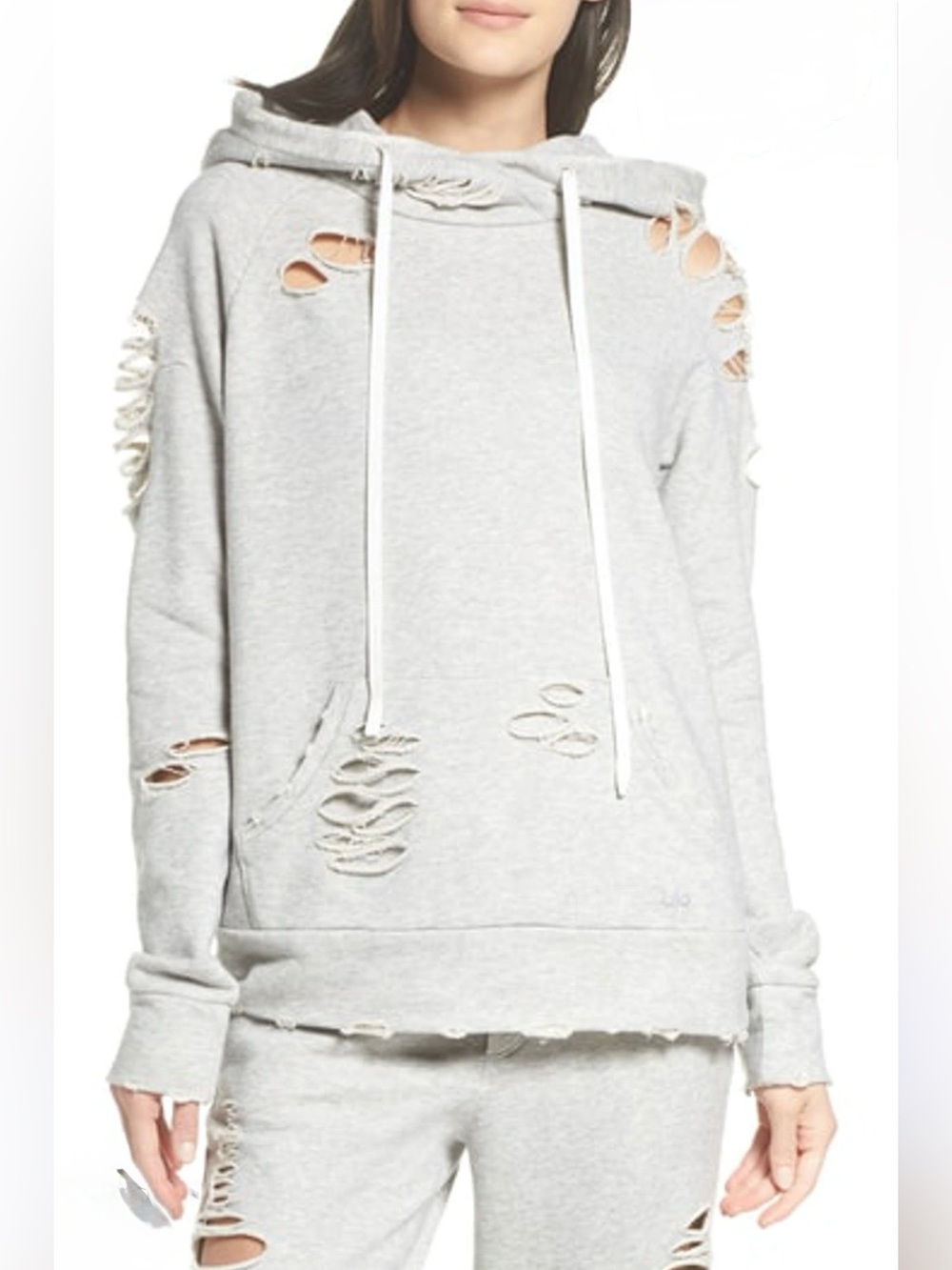 ALO YOGA Ripped Distressed Hoodie Light Gray, size small